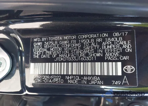 2018 Toyota Prius C One z USA, uszkodzony, nr VIN JTDKDTB33J1603011